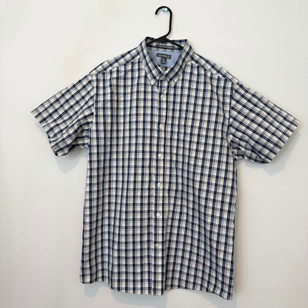 Eddie Bauer Button Down Shirt Mens XL Blue Tan Good Wrinkle Free Plaid 11501580